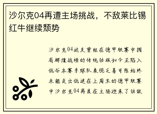沙尔克04再遭主场挑战，不敌莱比锡红牛继续颓势